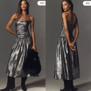 La Maise Studio Ruched Drop-Waist Foil Midi Dress